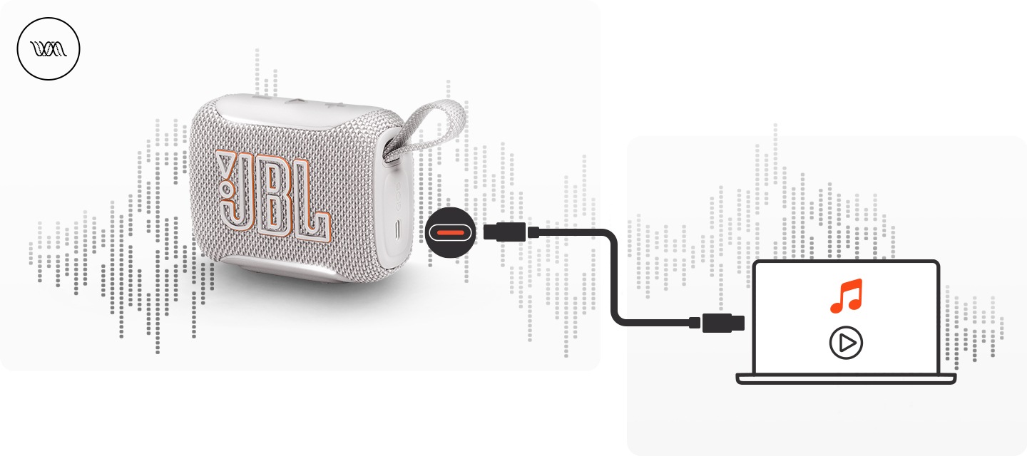 JBL GO5 제품이 있고 USB-C 포트 부분이 일러스트로 그려져 있습니다. 일러스트로 USB-C 케이블을 통해 음악이 재생중인 노트북과 연결할 수 있는 것을 나타낸 연출된 이미지로 뒤쪽에 사운드 파동 표현이 되어 있고 좌측 상단에 아이콘이 있습니다.