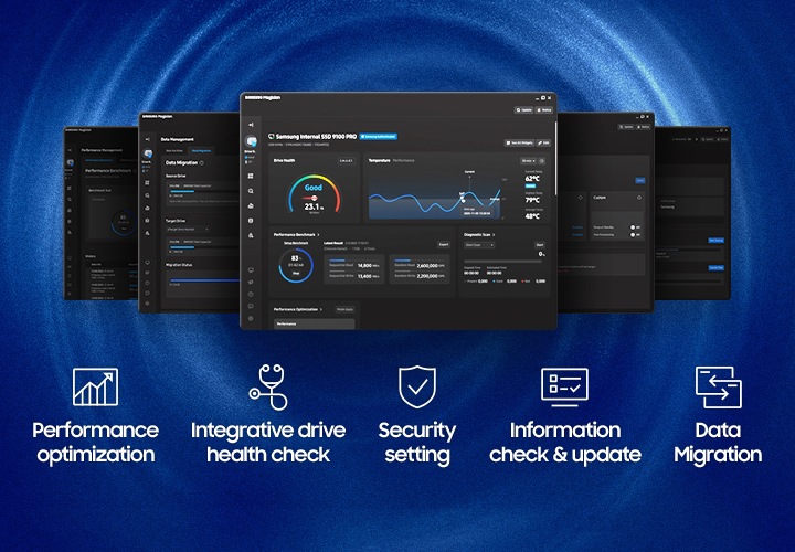 Samsung Magician 소프트웨어의 다양한 UI 메뉴 이미지가 있습니다. 하단에는 성능 최적화, 통합 드리아브 상태 점검, 보안 설정, 정보 확인 및 업데이트, 데이터 마이그레이션 로고가 나열되어 있습니다.
