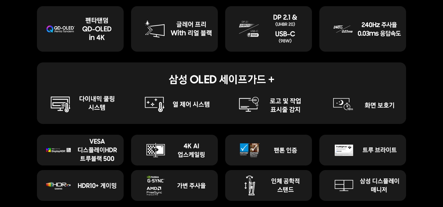 G8 오디세이 모니터의 특징을 나타냅니다 펜타탠덤 QD OLED in 4K, 글레어 프리 with 리얼 블랙, DP2.1&USB-C, 240Hz 0.03ms 삼성 OLED safeguard+ 다이내믹 쿨링 시스템, 열 제어 시스템, 로고 및 작업 표시줄 감지, 화면 보호기, VESA Display HDR True Black 500, 4K AI 업스케일링,  팬톤 인증, 트루 브라이트, HDR10+ 게이밍,  가변 주사율, 인체공학적 스탠드, 삼성 디스플레이 매니저
