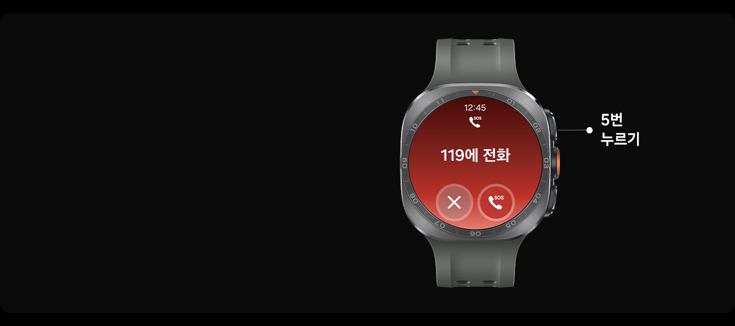 올리브 색상의 마린 밴드를 장착한 티타늄 실버 색상의 갤럭시 워치 울트라2의 모습입니다. 상단에는 시간과 SOS 호출 기능, 중앙에는 ‘119에 전화’라는 문구가 있고 하단에는 취소 버튼과 SOS 호출 버튼이 표시되어 있습니다. 긴급 SOS 기능은 홈 버튼을 5번 누르면 활성화됨을 표현합니다.