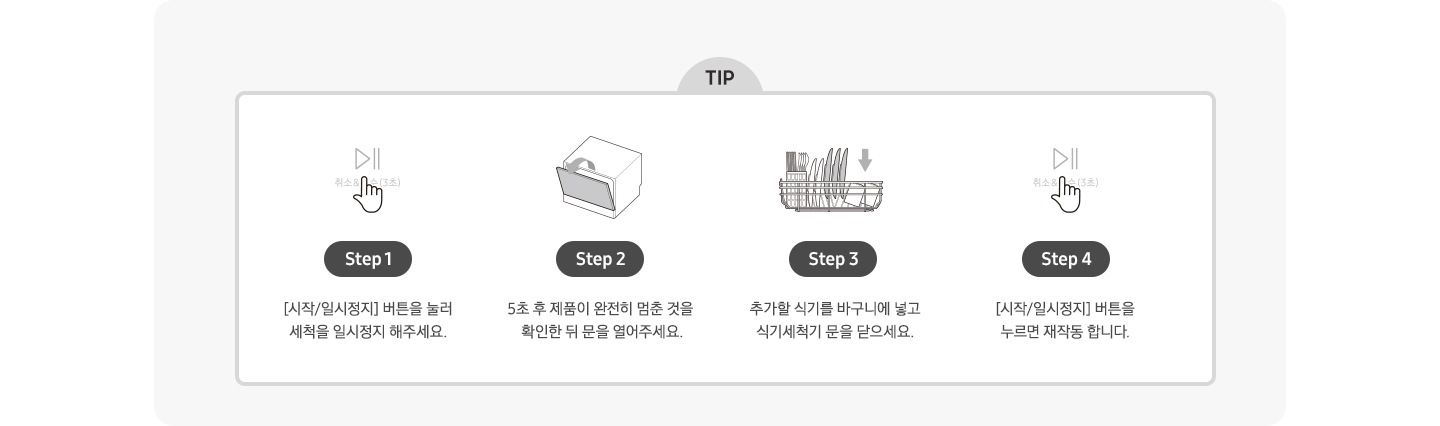 식기세척기 작동 중간 식기 추가 TIP을 일러스트로 단계별 설명 내용입니다. Step 1. [시작/일시정지] 버튼을 눌러 세척을 일시정지 해주세요. Step 2. 5초 후 제품이 완전히 멈춘 것을 확인한 뒤 문을 열어주세요. Step 3. 추가할 식기를 바구니에 넣고 식기세척기 문을 닫으세요. Step 4. [시작/일시정지] 버튼을 누르면 재작동 합니다.