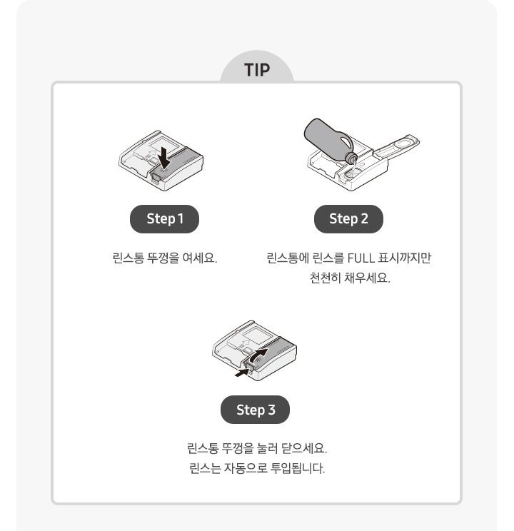 식기세척기 전용 린스 사용 TIP을 일러스트로 단계별 설명하는 내용입니다. Step 1.린스통 뚜껑을 여세요. Step 2. 린스통에 린스를 FULL 표시까지만 천천히 채우세요. Step 3. 린스통 뚜껑을 눌러 닫으세요. 린스는 자동으로 투입됩니다.