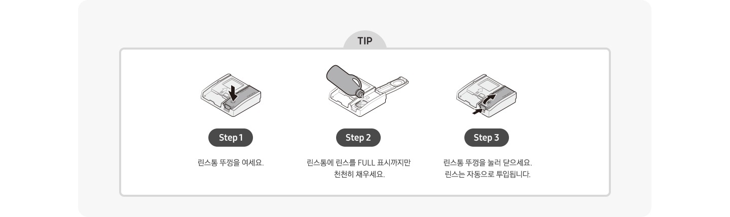 식기세척기 전용 린스 사용 TIP을 일러스트로 단계별 설명하는 내용입니다. Step 1.린스통 뚜껑을 여세요. Step 2. 린스통에 린스를 FULL 표시까지만 천천히 채우세요. Step 3. 린스통 뚜껑을 눌러 닫으세요. 린스는 자동으로 투입됩니다.