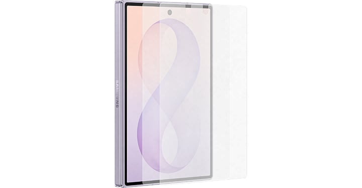 라벤더 색상의 갤럭시 Z 폴드8이 접힌 채로 살짝 기울어져 있습니다. 두 겹의 AR 필름이 함께 나타납니다. 