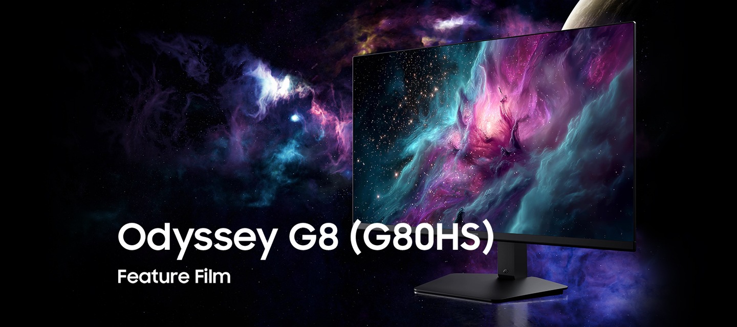 Odyssey G80HS 모니터가 우측 15도로 놓여있고 우측 하단엔 ViewFinity S85TH 제품 소개 영상 이라고 쓰여 있습니다.