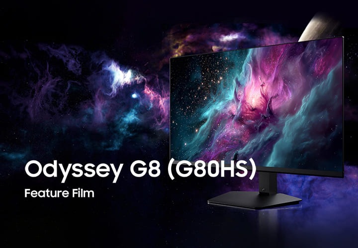 Odyssey G80HS 모니터가 우측 15도로 놓여있고 우측 하단엔 ViewFinity S85TH 제품 소개 영상 이라고 쓰여 있습니다.