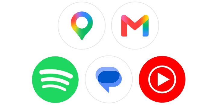 갤럭시 워치 울트라2에서 지원되는 Google Maps, Gmail, Spotify, Google Messages, YouTube Music 등 다양한 타사 앱의 아이콘입니다.