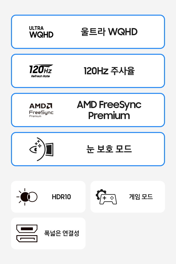 고해상도 모니터의 특장점을 나타냅니다. 울트라 WQHD 120Hz 주사율 AMD FreeSync Premium 눈 보호 모드 HDR10 게임 모드 폭 넓은 연결성 입니다.