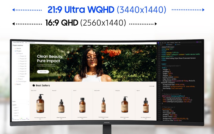 일반적인 16:9 QHD (2560x1440) 모니터의 길이와 뷰피니티 S5 S55GH의 21:9 울트라 WQHD (3440x1440) 모니터 길이를 비교하여 나타냅니다.