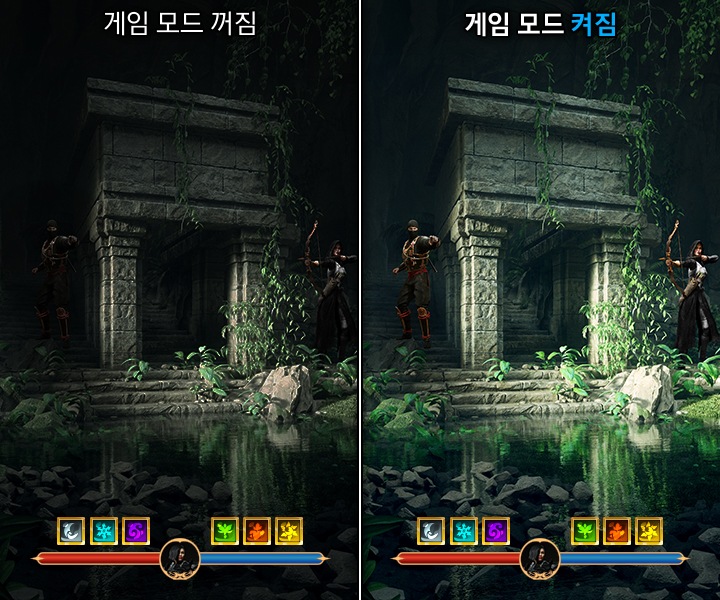 같은 게임 속 화면을 게임 모드가 켜진 화면과 꺼진 화면으로 비교하여 나타냅니다.