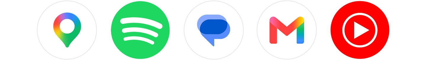 갤럭시 워치9에서 지원되는 Google Maps, Gmail, Spotify, Google Messages, YouTube Music 등 다양한 타사 앱의 아이콘입니다.