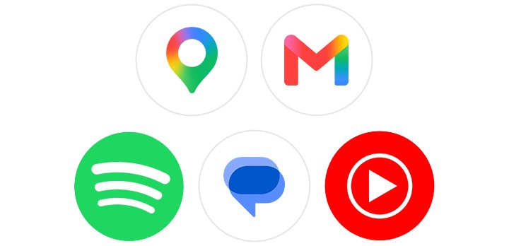 갤럭시 워치9에서 지원되는 Google Maps, Gmail, Spotify, Google Messages, YouTube Music 등 다양한 타사 앱의 아이콘입니다.