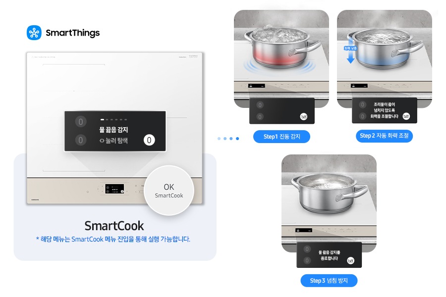 이미지 왼쪽 부분에는 인덕션의 정면 모습과 물 끓음 감지를 알려주는 알림창과 OK SmartCook 버튼 부분을 확대한 이미지가 있고, 왼쪽 상단에 SmartThings 로고와 SmartThings 텍스트가 적혀 있습니다. 이미지 하단에는 SmartCook * 해당 메뉴는 SmartCook 메뉴 진입을 통해 실행 가능합니다. 텍스트가 쓰여 있습니다. 이미지 오른쪽 부분에는 물 끓음 감지 순서를 3단계에 나눠 알려주고 있습니다. 첫 번째로는 인덕션 위에 물이 강하게 끓고 있고 인덕션에 닿는 부분을 빨갛게 표기한 냄비 이미지와 하단에 아무런 알림이 안 보이는 알림창이 겹쳐 있고 이미지 하단에 Step 1 진동 감지 텍스트가 쓰여 있습니다. 두 번째는 물이 약하게 끓고 있고 인덕션의 닿는 부분을 파랗게 표기 후 왼쪽에 아래를 가리키는 파란색 화살표와 화력 낮춤 텍스트가 적힌 냄비 이미지와 하단에 조리물이 끓어 넘치지 않도록 화력을 조절합니다 텍스트가 쓰인 알림창이 겹쳐 있고 이미지 하단에 Step 2 자동 화력 조절 텍스트가 적혀 있습니다. 마지막으로는 물이 거의 끓고 있지 않는 냄비 이미지와 물 끓음 감지를 종료합니다 텍스트가 쓰인 알림창이 겹쳐 있고 이미지 하단에 Step 3 넘침 방지 텍스트가 쓰여 있습니다.