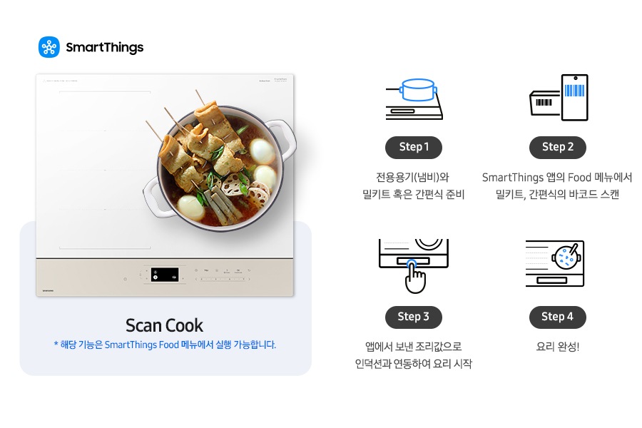 이미지 왼쪽 부분에는 인덕션 정면 이미지와 그 위에 조리 중인 어묵탕 이미지가 있고 왼쪽 상단에 SmartThings 로고와 SmartThings 텍스트가 적혀 있습니다. 이미지 하단에는 Scan Cook * 해당 기능은 SmartThings Food 메뉴에서 실행 가능합니다. 텍스트가 적혀 있습니다. 이미지 오른쪽 부분에는 4단계로 나눠 밀키트/ 간편식을 조리하는 내용을 설명하고 있습니다. 첫 번째는 인덕션 위에 냄비가 올라간 아이콘과 하단에 Step 1 전용용기(냄비)와 밀키트 혹은 간편식 준비 텍스트가 쓰여 있습니다. 두 번째로는 밀키트/ 간편식 옆모습에 바코드가 그려져 있는 아이콘이 스마트 폰에 동일한 바코드가 노출되는 아이콘과 겹쳐 있고 하단에 Step 2 SmartThings 앱의 Food 메뉴에서 밀키트, 간편식의 바코드 스캔 텍스트가 적혀 있습니다. 세 번째로는 검지만 펼쳐 있는 손 아이콘이 인덕션의 조작부처럼 보이는 아이콘을 누르는 모습이 보이고 하단에는 Step 3 앱에서 보낸 조리값으로 인덕션과 연동하여 요리 시작 텍스트가 적혀 있습니다. 네 번째로는 인덕션에서 조리 중인 냄비를 위에서 내려본 아이콘과 하단에는 Step 4 요리 완성! 텍스트가 적혀 있습니다.