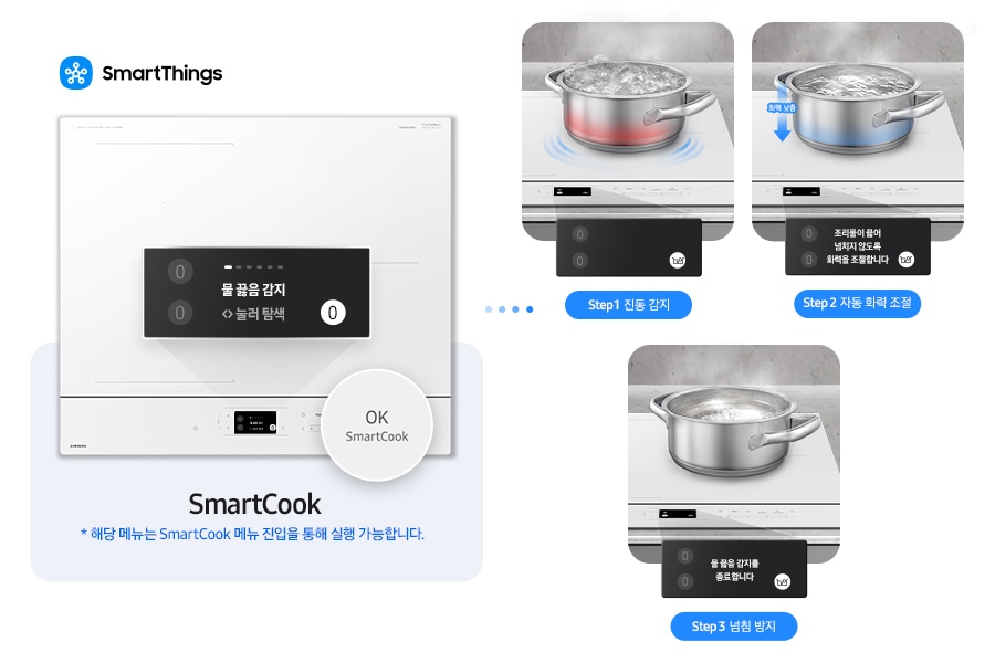 이미지 왼쪽 부분에는 인덕션의 정면 모습과 물 끓음 감지를 알려주는 알림창과 OK SmartCook 버튼 부분을 확대한 이미지가 있고, 왼쪽 상단에 SmartThings 로고와 SmartThings 텍스트가 적혀 있습니다. 이미지 하단에는 SmartCook * 해당 메뉴는 SmartCook 메뉴 진입을 통해 실행 가능합니다. 텍스트가 쓰여 있습니다. 이미지 오른쪽 부분에는 물 끓음 감지 순서를 3단계에 나눠 알려주고 있습니다. 첫 번째로는 인덕션 위에 물이 강하게 끓고 있고 인덕션에 닿는 부분을 빨갛게 표기한 냄비 이미지와 하단에 아무런 알림이 안 보이는 알림창이 겹쳐 있고 이미지 하단에 Step 1 진동 감지 텍스트가 쓰여 있습니다. 두 번째는 물이 약하게 끓고 있고 인덕션의 닿는 부분을 파랗게 표기 후 왼쪽에 아래를 가리키는 파란색 화살표와 화력 낮춤 텍스트가 적힌 냄비 이미지와 하단에 조리물이 끓어 넘치지 않도록 화력을 조절합니다 텍스트가 쓰인 알림창이 겹쳐 있고 이미지 하단에 Step 2 자동 화력 조절 텍스트가 적혀 있습니다. 마지막으로는 물이 거의 끓고 있지 않는 냄비 이미지와 물 끓음 감지를 종료합니다 텍스트가 쓰인 알림창이 겹쳐 있고 이미지 하단에 Step 3 넘침 방지 텍스트가 쓰여 있습니다.