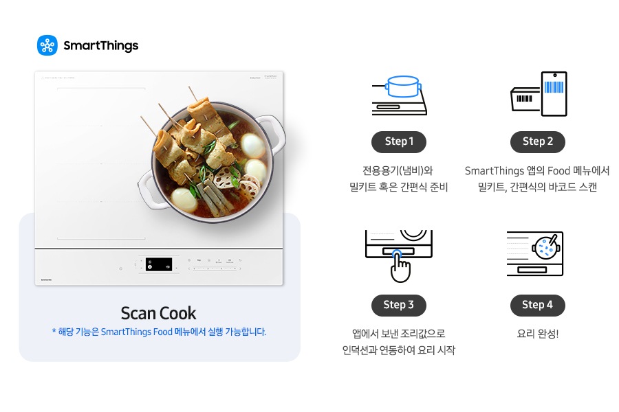 이미지 왼쪽 부분에는 인덕션 정면 이미지와 그 위에 조리 중인 어묵탕 이미지가 있고 왼쪽 상단에 SmartThings 로고와 SmartThings 텍스트가 적혀 있습니다. 이미지 하단에는 Scan Cook * 해당 기능은 SmartThings Food 메뉴에서 실행 가능합니다. 텍스트가 적혀 있습니다. 이미지 오른쪽 부분에는 4단계로 나눠 밀키트/ 간편식을 조리하는 내용을 설명하고 있습니다. 첫 번째는 인덕션 위에 냄비가 올라간 아이콘과 하단에 Step 1 전용용기(냄비)와 밀키트 혹은 간편식 준비 텍스트가 쓰여 있습니다. 두 번째로는 밀키트/ 간편식 옆모습에 바코드가 그려져 있는 아이콘이 스마트 폰에 동일한 바코드가 노출되는 아이콘과 겹쳐 있고 하단에 Step 2 SmartThings 앱의 Food 메뉴에서 밀키트, 간편식의 바코드 스캔 텍스트가 적혀 있습니다. 세 번째로는 검지만 펼쳐 있는 손 아이콘이 인덕션의 조작부처럼 보이는 아이콘을 누르는 모습이 보이고 하단에는 Step 3 앱에서 보낸 조리값으로 인덕션과 연동하여 요리 시작 텍스트가 적혀 있습니다. 네 번째로는 인덕션에서 조리 중인 냄비를 위에서 내려본 아이콘과 하단에는 Step 4 요리 완성! 텍스트가 적혀 있습니다.