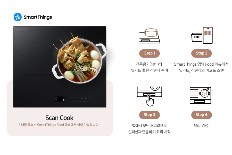 이미지 왼쪽 부분에는 인덕션 정면 이미지와 그 위에 조리 중인 어묵탕 이미지가 있고 왼쪽 상단에 SmartThings 로고와 SmartThings 텍스트가 적혀 있습니다. 이미지 하단에는 Scan Cook * 해당 기능은 SmartThings Food 메뉴에서 실행 가능합니다. 텍스트가 적혀 있습니다. 이미지 오른쪽 부분에는 4단계로 나눠 밀키트/ 간편식을 조리하는 내용을 설명하고 있습니다. 첫 번째는 인덕션 위에 냄비가 올라간 아이콘과 하단에 Step 1 전용용기(냄비)와 밀키트 혹은 간편식 준비 텍스트가 쓰여 있습니다. 두 번째로는 밀키트/ 간편식 옆모습에 바코드가 그려져 있는 아이콘이 스마트 폰에 동일한 바코드가 노출되는 아이콘과 겹쳐 있고 하단에 Step 2 SmartThings 앱의 Food 메뉴에서 밀키트, 간편식의 바코드 스캔 텍스트가 적혀 있습니다. 세 번째로는 검지만 펼쳐 있는 손 아이콘이 인덕션의 조작부처럼 보이는 아이콘을 누르는 모습이 보이고 하단에는 Step 3 앱에서 보낸 조리값으로 인덕션과 연동하여 요리 시작 텍스트가 적혀 있습니다. 네 번째로는 인덕션에서 조리 중인 냄비를 위에서 내려본 아이콘과 하단에는 Step 4 요리 완성! 텍스트가 적혀 있습니다.