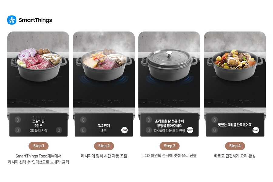 SmartThings Food를 사용하여 요리하는 방법을 4단계로 나누어 설명하고 있는 이미지입니다. 첫 번째로는 인덕션 위에 올려진 냄비 안에 날것 그대로의 음식 재료가 들어있고 소 갈비찜 2인분 OK 눌러 시작 텍스트가 적혀있는 LCD 알림창 이미지와 겹쳐 있고 이미지 하단에 Step 1 SmartThings Food메뉴에서 레시피 선택 후 ‘인덕션으로 보내기’ 클릭 텍스트가 적혀있습니다. 두 번째로는 인덕션 위에 올려진 냄비 안에 들어있는 음식 재료에서 약간 연기가 올라오고 있고 ¾단계 5분 적혀있는 LCD 알림창 이미지와 겹쳐 있고 이미지 하단에 Step 2 레시피에 맞춰 시간 자동 조절 텍스트가 적혀있습니다. 세 번째로는 인덕션 위에 뚜껑이 닫힌 냄비가 있고 조리물을 잘 섞은 후에 뚜껑을 닫아주세요 OK 눌러 다음 조리 진행 적혀있는 LCD 알림창 이미지와 겹쳐 있고 이미지 하단에 Step 3 LCD 화면의 순서에 맞춰 요리 진행 텍스트가 쓰여 있습니다. 마지막으로는 인덕션 위에 올려진 냄비 안에 음식이 완성되어 있고 맛있는 요리를 완료했어요! 적혀있는 LCD 알림창 이미지와 겹쳐 있고 이미지 하단에 Step 4 빠르고 간편하게 요리 완성! 텍스트가 적혀있습니다.
