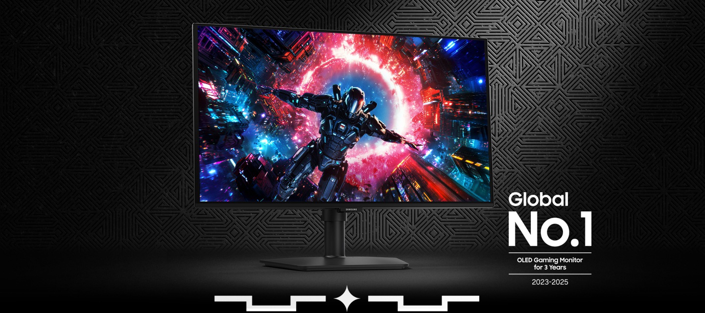 검은 배경에 오디세이 G7모니터가 우측 15도 각도로 놓여있습니다. 우측 하단엔 Global No.1 OLED Gaming monitor for 3Years 2023~2025가 쓰여 있습니다.