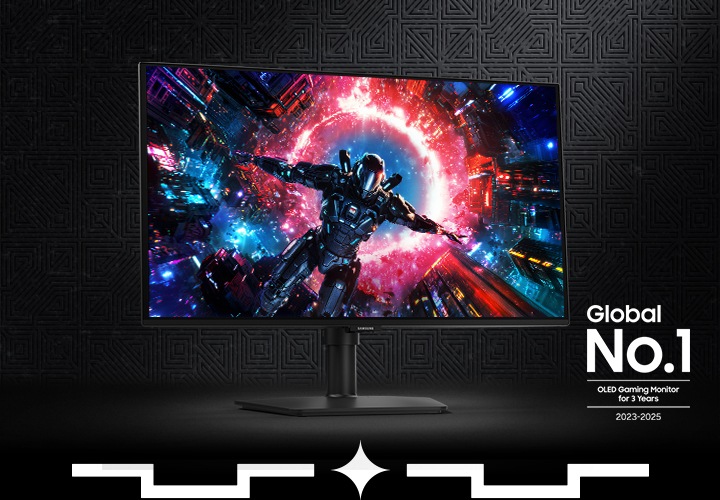 검은 배경에 오디세이 G7모니터가 우측 15도 각도로 놓여있습니다. 우측 하단엔 Global No.1 OLED Gaming monitor for 3Years 2023~2025가 쓰여 있습니다.