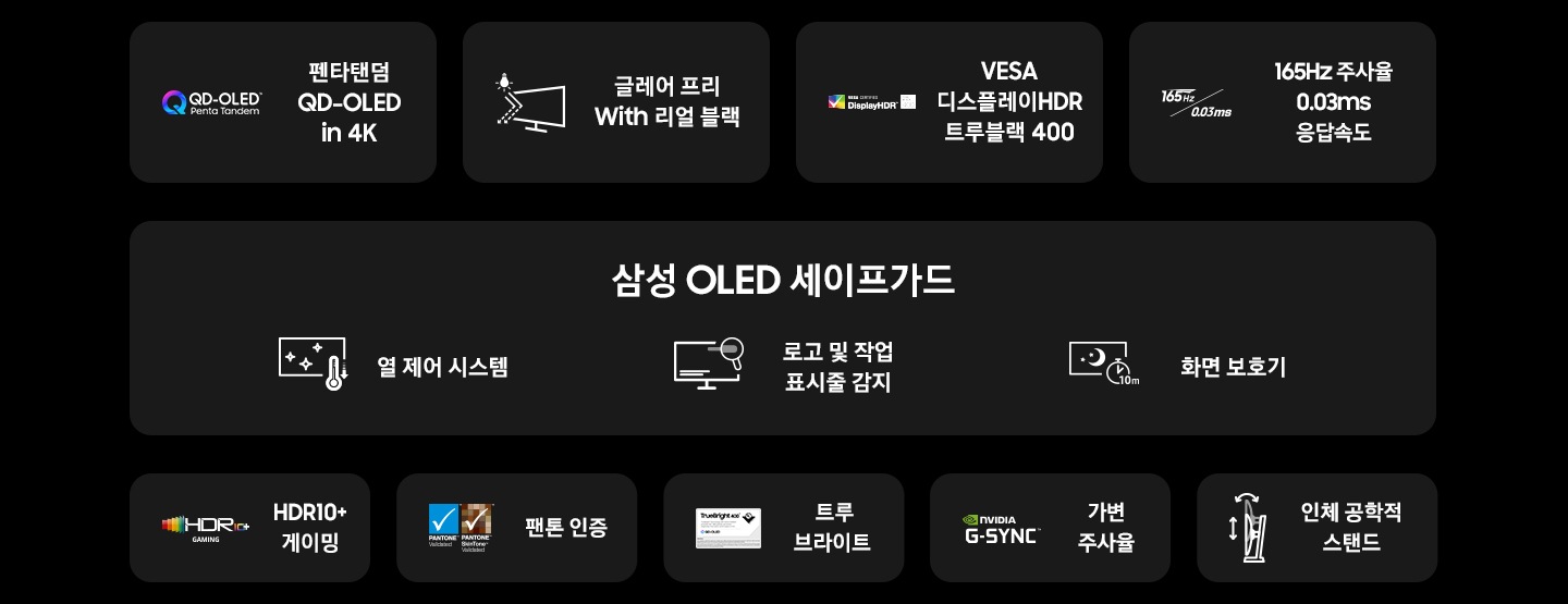 G7 오디세이 모니터의 특징을 아이콘과 함께 나타냅니다 팬타탠덤 QD OLED in 4K, 글레어 프리 with 리얼블랙, VESA Display HDR True Black 400 , 165Hz 주사율 0.03ms 응답속도, 삼성 OLED safeguard, 열제어 시스템, 로고 및 작업 표시줄 감지, 화면보호기, HDR10+ 게이밍, 팬톤 인증, 트루 브라이트, 가변 주사율, 인체공학적 스탠드.