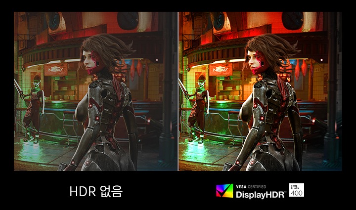 화면을 반으로 나누어 HDR이 없는 일반 화면과 VESA DisplayHDR True Black 400 화면을 비교하여 나타냅니다.