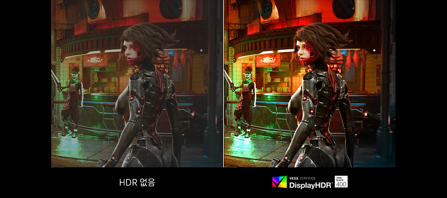 화면을 반으로 나누어 HDR이 없는 일반 화면과 VESA DisplayHDR True Black 400 화면을 비교하여 나타냅니다.