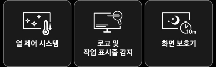 삼성 OLED 세이프가드 3가지 기능을 아이콘으로 나타냅니다. 열제어 시스템, 로고 및 작업 표시줄 감지, 화면 보호기.
