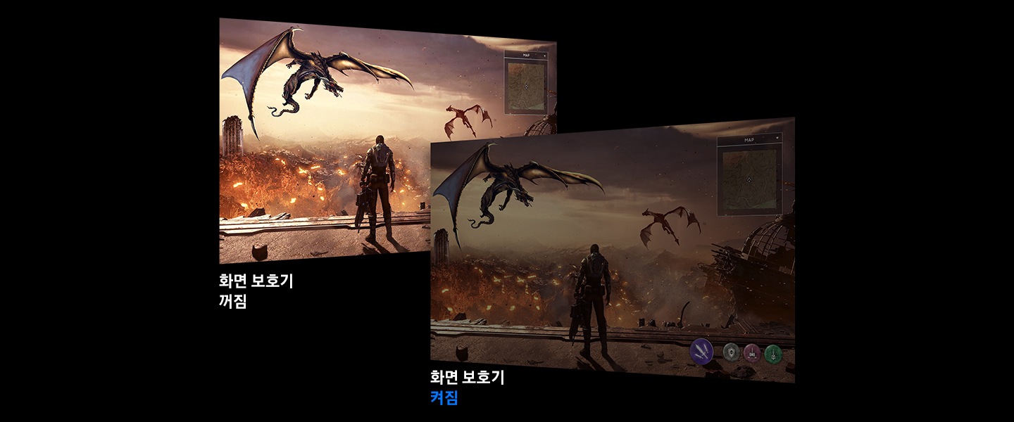 모니터 두 대가 살짝 겹쳐져 놓여 있으며 왼쪽 모니터는 화면 보호기가 꺼진 모습 오른쪽은 켜진 모습을 나타냅니다.