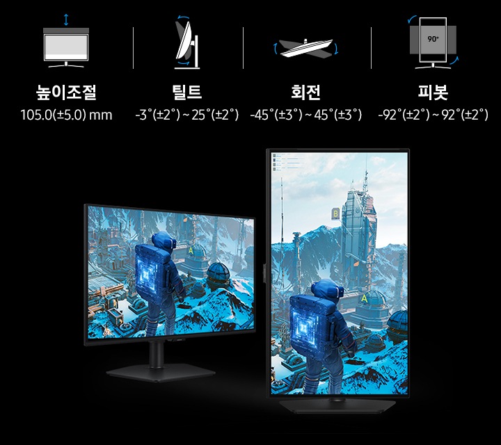 정면 모니터와 세로 피봇 형태의 모니터 두 개가 놓여있고 위엔 아이콘으로 높이조절, 틸트, 회전, 피봇 기능이 있음을 보여줍니다.