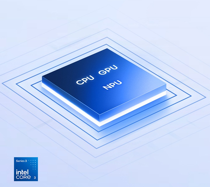 갤럭시 북6에 탑재된 칩셋의 CPU, GPU, NPU를 클로즈업한 이미지입니다. Intel Core™ 3 로고가 있습니다.