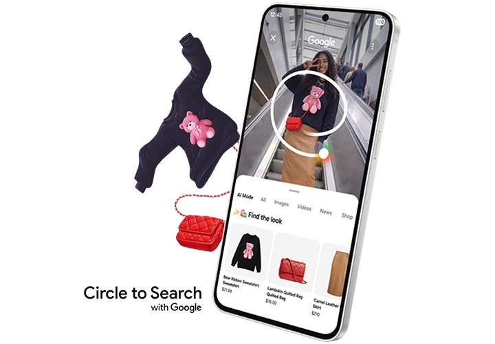 갤럭시 S26 FE가 세로 화면으로 정면에 나타납니다. Google의 서클 투 서치로 화면 속 여성이 착용한 가방과 스웨터에 동그라미를 표시합니다. 검색 결과에 두 아이템이 나타나고, 화면 밖으로 입체감 있게 펼쳐집니다.