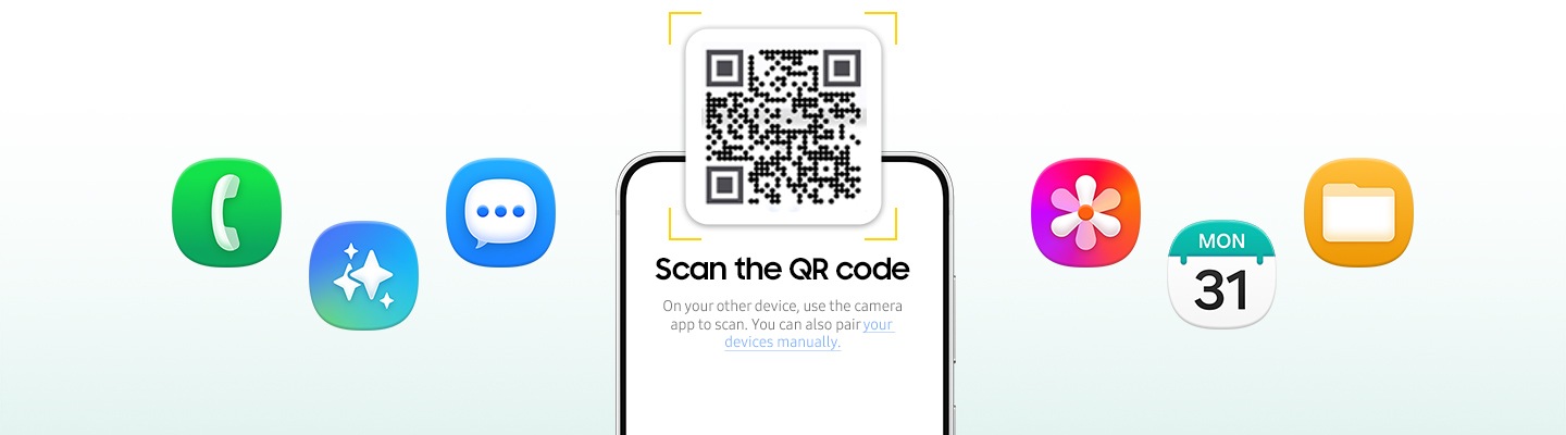 갤럭시 S26 FE가 정면에 나타납니다. 화면 위에는 QR 코드가 표시됩니다. 화면에는 다른 기기의 카메라로 QR 코드를 스캔하거나 기기를 직접 연결하라는 안내가 표시됩니다. 기기 주변에는 다양한 앱 아이콘이 떠오르며, 데이터를 손쉽게 전송하는 연출이 이어집니다.