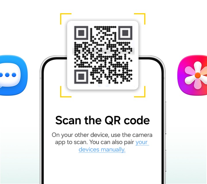 갤럭시 S26 FE가 정면에 나타납니다. 화면 위에는 QR 코드가 표시됩니다. 화면에는 다른 기기의 카메라로 QR 코드를 스캔하거나 기기를 직접 연결하라는 안내가 표시됩니다. 기기 주변에는 다양한 앱 아이콘이 떠오르며, 데이터를 손쉽게 전송하는 연출이 이어집니다.