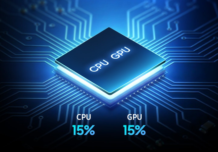갤럭시 퀀텀7의 Octa-Core 프로세서 칩이 그리드 위에 배치된 모습입니다.  CPU와 GPU 성능이 15% 향상되었습니다.