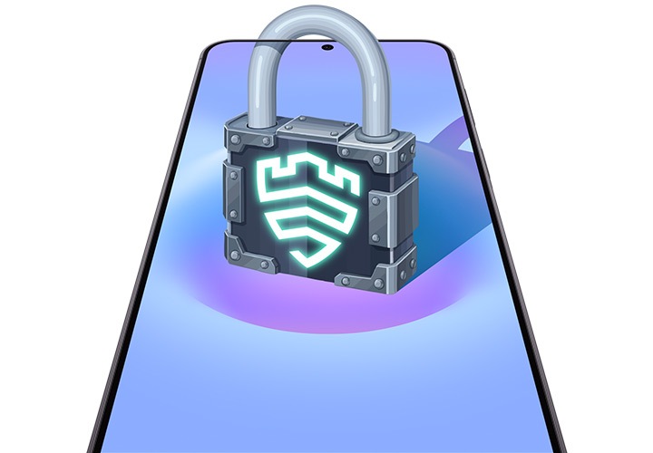 정면을 향해 세로 모드로 놓인 갤럭시 퀀텀7이 화면에 자물쇠 모양의 삼성 Knox Vault 아이콘을 표시하고 있습니다. 개인정보 및 데이터 보안을 위한 삼성 Knox 보호 기능이 내장되어 있음을 알려줍니다.