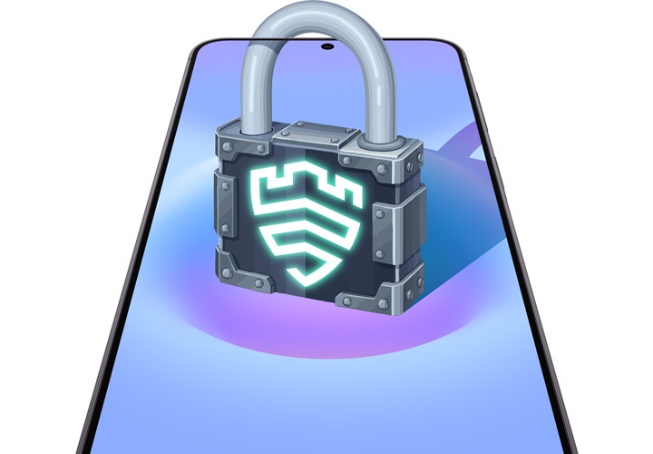 정면을 향해 세로 모드로 놓인 갤럭시 퀀텀7이 화면에 자물쇠 모양의 삼성 Knox Vault 아이콘을 표시하고 있습니다. 개인정보 및 데이터 보안을 위한 삼성 Knox 보호 기능이 내장되어 있음을 알려줍니다.