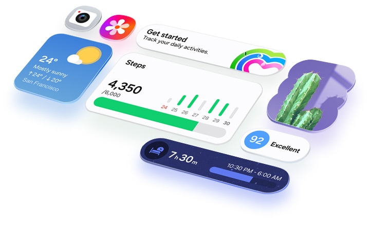 One UI 8.5 사용자 인터페이스의 다양한 앱 아이콘과 앱 위젯이 격자 형태로 깔끔하게 배열되어 직관적인 디자인을 강조합니다.