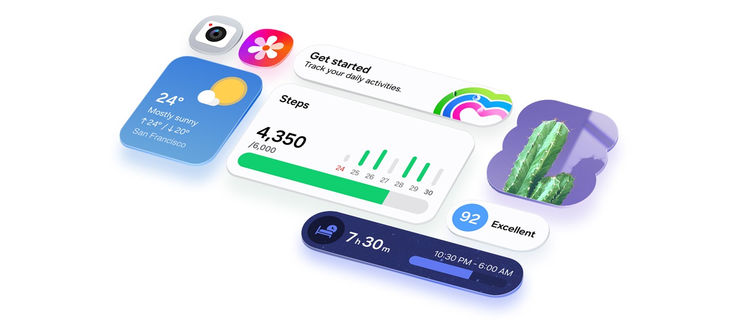 One UI 8.5 사용자 인터페이스의 다양한 앱 아이콘과 앱 위젯이 격자 형태로 깔끔하게 배열되어 직관적인 디자인을 강조합니다.