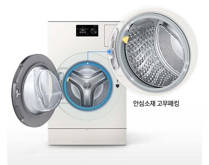 왼쪽에는 세탁기 이미지가 있고 오른쪽은 세탁기 내부 이미지가 있습니다. 하단에는 안심소재 고무패킹 문구가 있습니다.