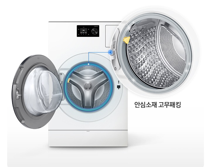 왼쪽에는 세탁기 이미지가 있고 오른쪽은 세탁기 내부 이미지가 있습니다. 하단에는 안심소재 고무패킹 문구가 있습니다.
