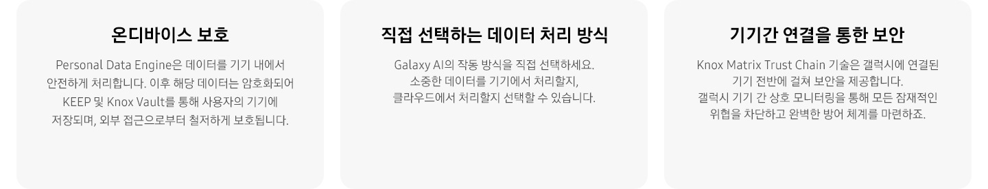 첫번째는 온디바이스 보호 타이틀과 Personal Data Engine은 데이터를 기기 내에서 안전하게 처리합니다. 이후 해당 데이터는 암호화되어 KEEP 및 Knox Vault를 통해 사용자의 기기에 저장되며, 외부 접근으로부터 철저하게 보호됩니다. 디스크립션 있습니다. 두번째는 직접 선택하는 데이터 처리 방식 타이틀과 Galaxy AI의 작동 방식을 직접 선택하세요. 소중한 데이터를 기기에서 처리할지, 클라우드에서 처리할지 선택할 수 있습니다. 디스크립션 있고, 세번째는 기기간 연결을 통한 보안 타이틀과 Knox Matrix Trust Chain 기술은 갤럭시에 연결된 기기 전반에 걸쳐 보안을 제공합니다. 갤럭시 기기 간 상호 모니터링을 통해 모든 잠재적인 위협을 차단하고 완벽한 방어 체계를 마련하죠.디스크립션이 있습니다.