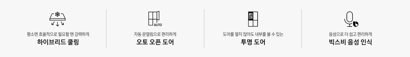 평소엔 효율적으로 필요할 땐 강력하게 하이브리드 쿨링 문구와 아이콘, 자동 문열림으로 편리하게 오토 오픈 도어 문구와 아이콘, 도어를 열지 않아도 내부를 볼 수 있는 투명 도어 문구와 아이콘, 음성으로 더 쉽고 편리하게 빅스비 음성 인식 문구와 아이콘