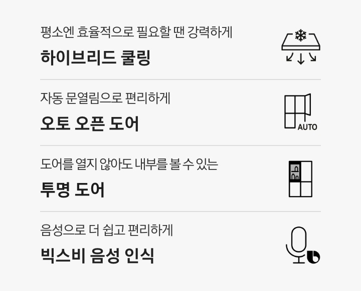 평소엔 효율적으로 필요할 땐 강력하게 하이브리드 쿨링 문구와 아이콘, 자동 문열림으로 편리하게 오토 오픈 도어 문구와 아이콘, 도어를 열지 않아도 내부를 볼 수 있는 투명 도어 문구와 아이콘, 음성으로 더 쉽고 편리하게 빅스비 음성 인식 문구와 아이콘