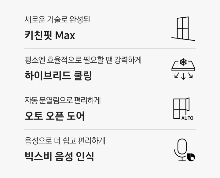 새로운 기술로 완성된 키친핏 Max 문구와 아이콘, 평소엔 효율적으로 필요할 땐 강력하게 하이브리드 쿨링 문구와 아이콘, 자동 문열림으로 편리하게 오토 오픈 도어 문구와 아이콘, 음성으로 더 쉽고 편리하게 빅스비 음성 인식 문구와 아이콘