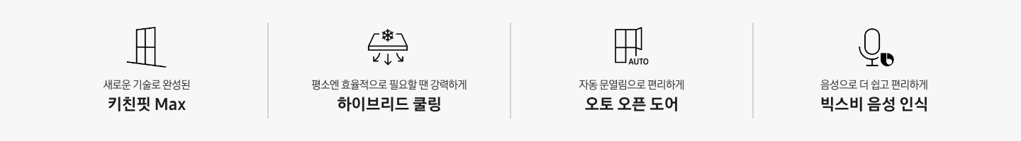 새로운 기술로 완성된 키친핏 Max 문구와 아이콘, 평소엔 효율적으로 필요할 땐 강력하게 하이브리드 쿨링 문구와 아이콘, 자동 문열림으로 편리하게 오토 오픈 도어 문구와 아이콘, 음성으로 더 쉽고 편리하게 빅스비 음성 인식 문구와 아이콘