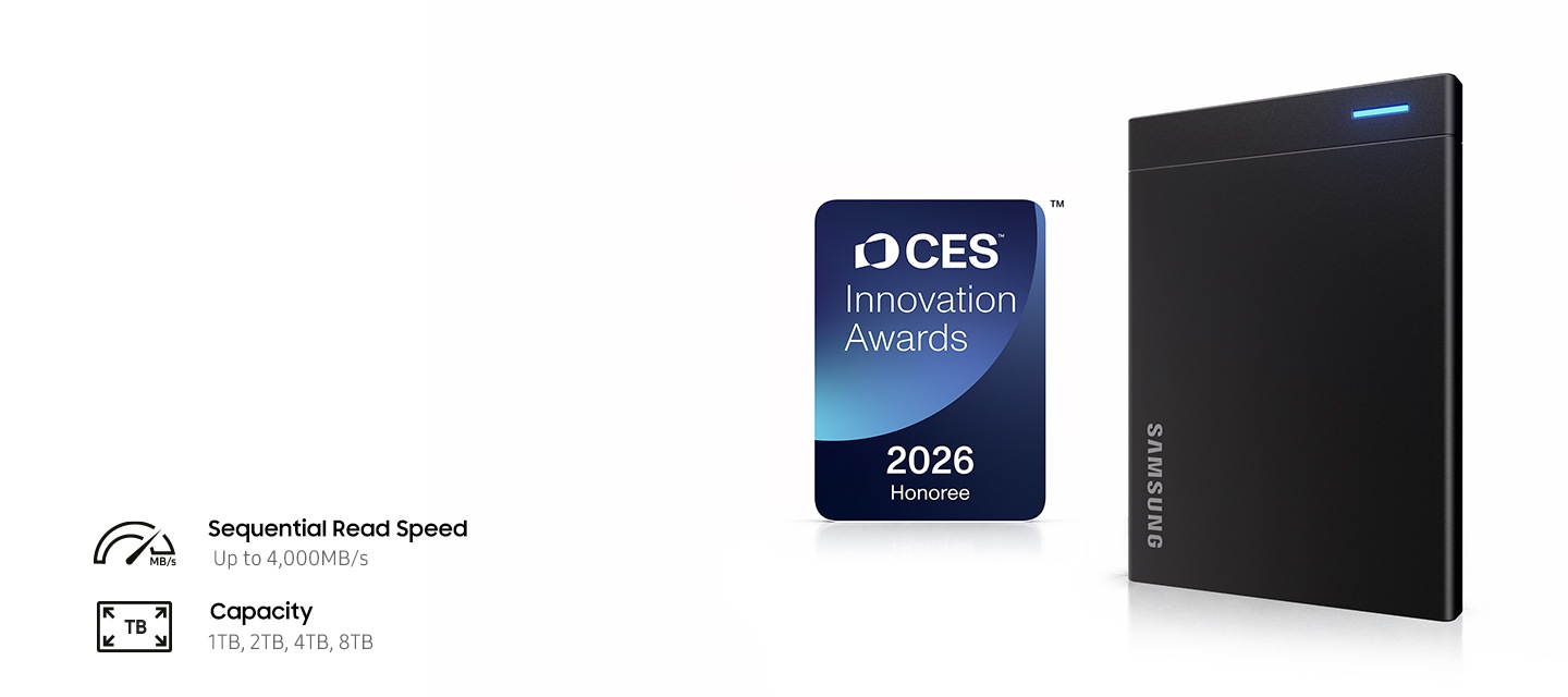 'CES™ 혁신상 2026 수상' 로고 옆에 포터블 SSD P9이 놓여 있고, '순차 읽기 속도 최대 4,000 MB/s'와 '1TB, 2TB, 4TB, 8TB 용량'이라는 문구가 아이콘과 함께 표시됩니다.