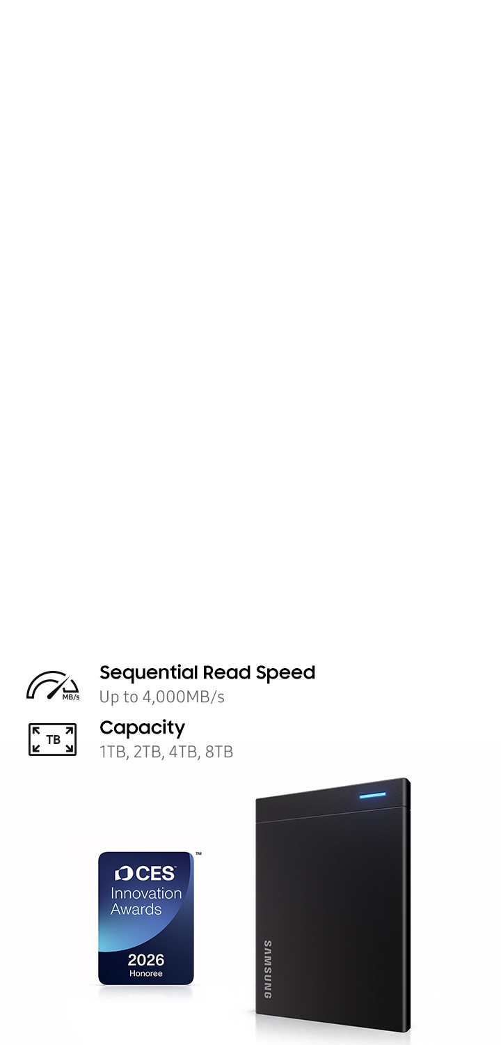 'CES™ 혁신상 2026 수상' 로고 옆에 포터블 SSD P9이 놓여 있고, '순차 읽기 속도 최대 4,000 MB/s'와 '1TB, 2TB, 4TB, 8TB 용량'이라는 문구가 아이콘과 함께 표시됩니다.