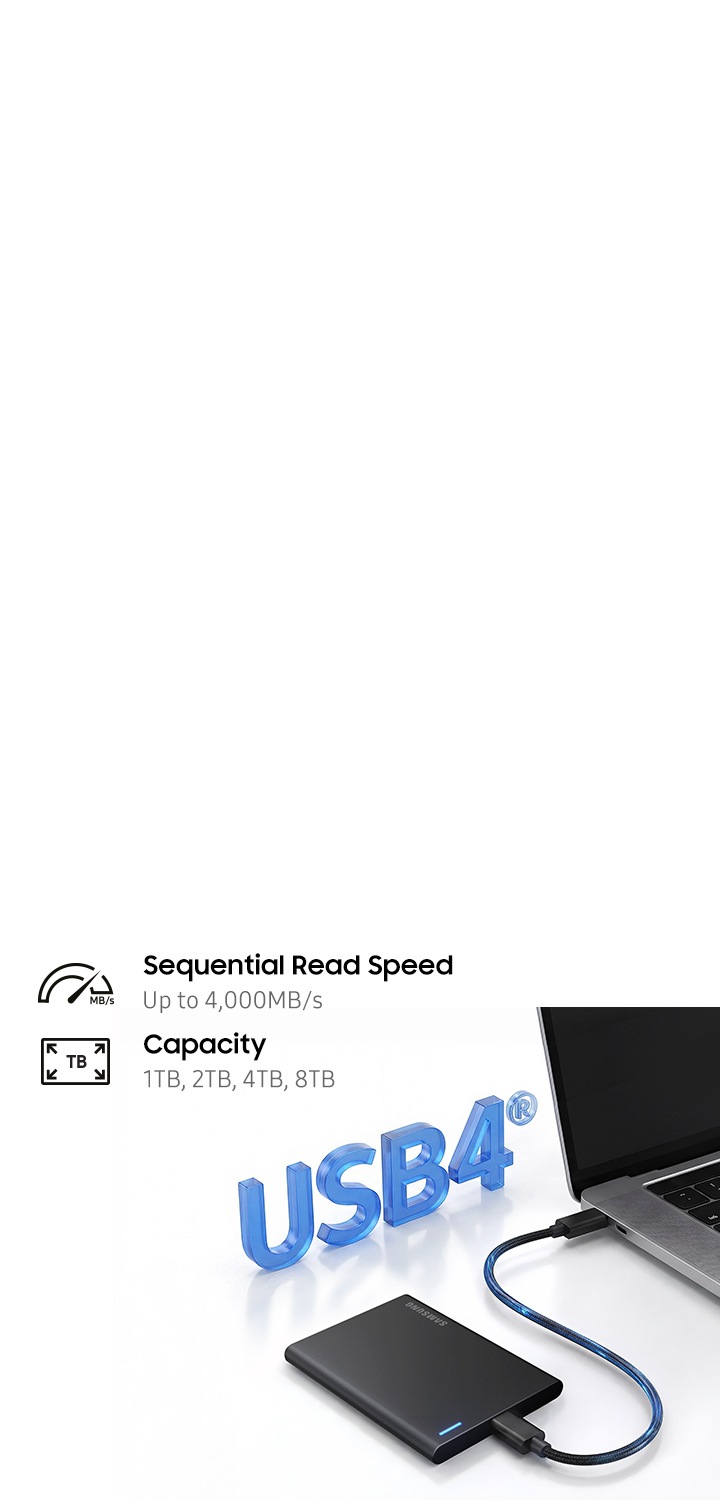 P7과 노트북이 연결되어 있고, 그 사이에 'USB4®'라는 문구가 표시되어 있습니다. 왼쪽에는 '최대 4,000MB/s의 순차 읽기 속도'와 '1TB, 2TB, 4TB, 8TB 용량'이라는 문구가 아이콘과 함께 표시됩니다.
