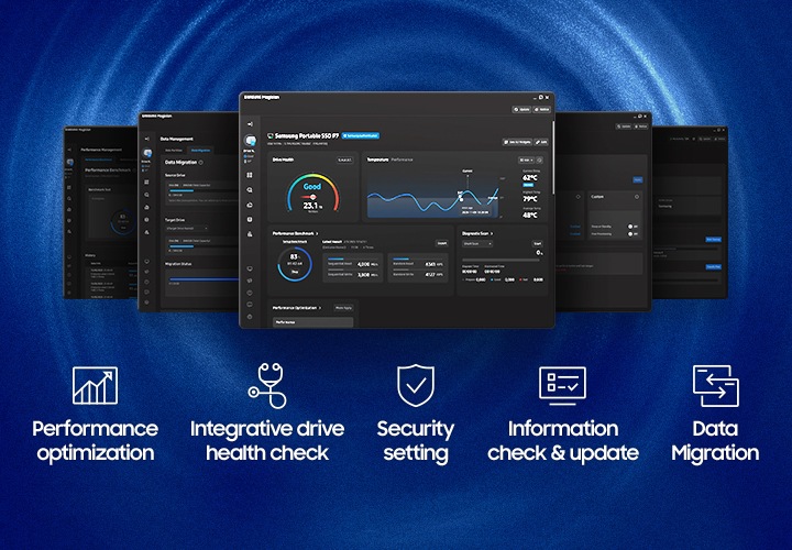 Samsung Magician 소프트웨어의 다양한 UI 메뉴 이미지가 있습니다. 하단에는 성능 최적화, 통합 드라이브 상태 점검, 보안 설정, 정보 확인 및 업데이트, 데이터 마이그레이션 로고가 나열되어 있습니다.